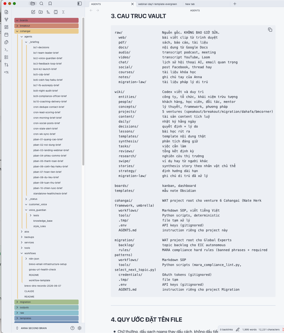 Vault Second Brain thật của Hằng với cấu trúc raw, wiki, boards, cohangai và migration